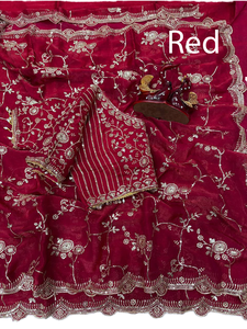 Ensemble de sari en organza rouge de luxe avec bordure brodée de sequins et de zari, idéal pour les mariages indiens et pakistanais, et les fêtes. - Product Image 1