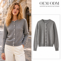 Damen Strickjacke mit Knopfleiste, Rundhalsausschnitt, Langen Ärmeln und Geripptem Saum in Einfarbigem Grau