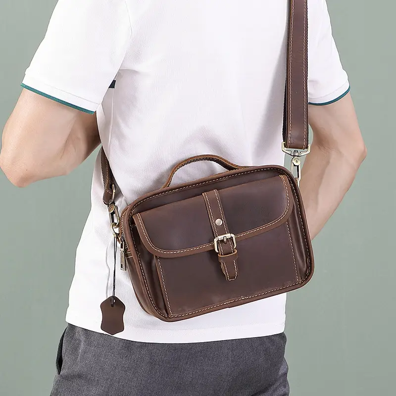 Bolsa mensageiro de couro de cavalo louco estilo vintage, bolsa de ombro transversal de couro genuíno para homens