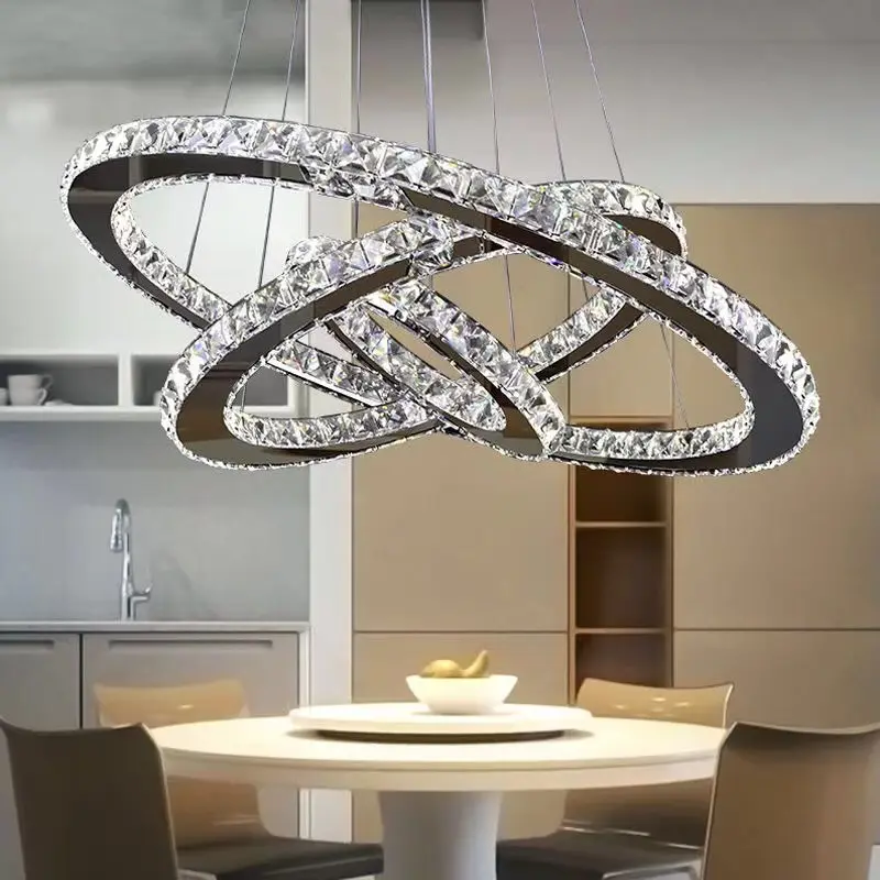 Kristal Modern Led tavan armatürleri yemek odası asılı lambalar çağdaş 3 yüzükler ayarlanabilir paslanmaz çelik avize