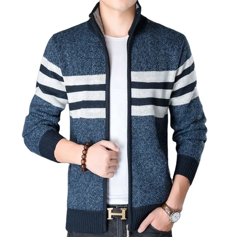Sleeve Stand Collar Multi-Color Stripe Warm Heavier Cheap Man Casual Style Fleece Inside Man's Zip Coat Cardigan