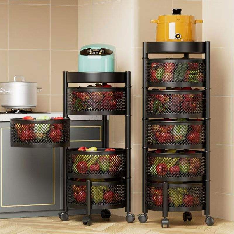 Folding Storage Rack with Wheels Rotating Fruit Storage Shelf Round ...