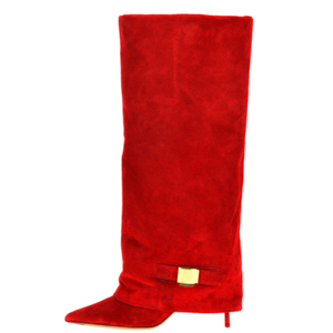 Bottes hautes pliables en daim pour femme à talon aiguille fin, bout pointu, avec détails métalliques, style stiletto - Product Image 6