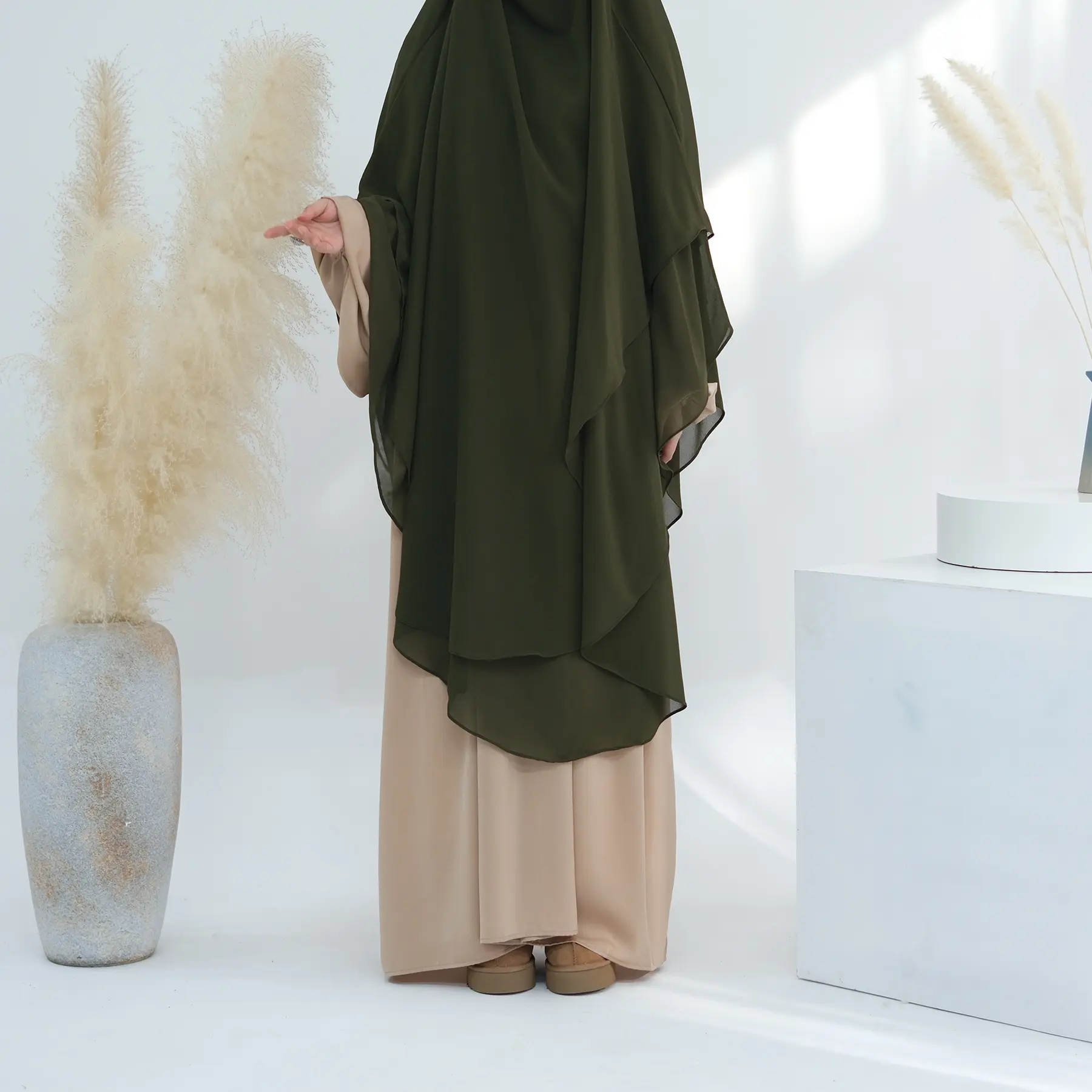 2023 न्यू टर्की ओवरहेड टाई बैक प्लेन प्रार्थना स्कार्फ मुस्लिम महिला हिजाब ड्रेस 2 परत लंबी नकाब शिफॉन खिमार