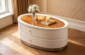Modern <b>White</b> Oval <b>Coffee</b> <b>Table</b> with Glass Top & Drawers Luxury Living Room Storage <b>Coffee</b> <b>Table</b> - Product Image 2
