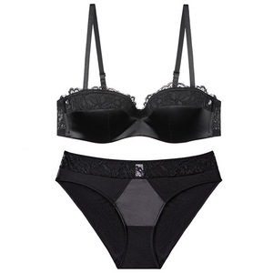 Conjunto de Lencería de Satén con Encaje para Mujer, Talla Grande, Elegante, con Sujetador con Aros y Push-Up, Conjunto de 2 Piezas, Lencería Sexy Negra para Mujer - Product Image 1