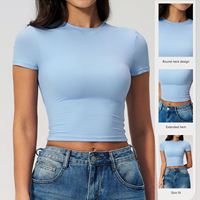 T-shirt de sport ajusté personnalisé avec logo pour femme, manches courtes, crop top pour le yoga