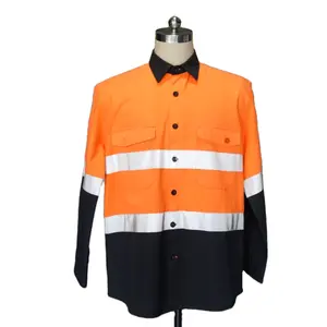 Hohe Sichtbarkeit Baumwolle Orange Langarm konstruktion Reflektierende Sicherheit Hi Vis Work Shirt