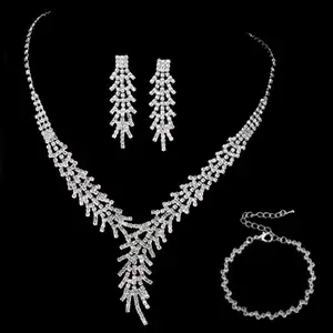 Wedding Bridal Necklace Full Crystal Rhinestone THREE-Piece Party Necklace Earring Jewelry Set For Women Feather Shaped Necklace