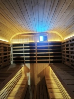 Ruang Sauna Luar Ruangan Desain Modern 2-4 Orang Kayu Cemara Merah Solid Baru Kontrol Panel Sentuh Inframerah Pintar Pemanas Listrik