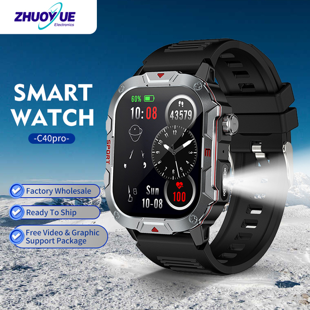 2025 New C40pro Reloj Inteligente 2.19inch Full Touchscreen BT Call Fitness Tracker Outdoor LED Flashlight Smartwatch for Men