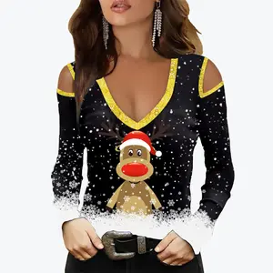 秋冬新作ファッションクリスマスVネックロングレディースプラスサイズクリスマスTシャツ