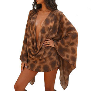 Minivestido con estampado de leopardo y manga de murciélago con escote en V profundo para mujer, vestido sexy para vacaciones, vestidos de moda - Product Image 5
