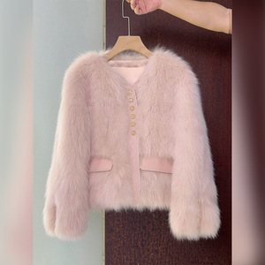 Women's Faux <b>Fur</b> Cropped - V-Neck With Gold Buttons & Leather Pocket Detail Coat Fashion - Product Image 3