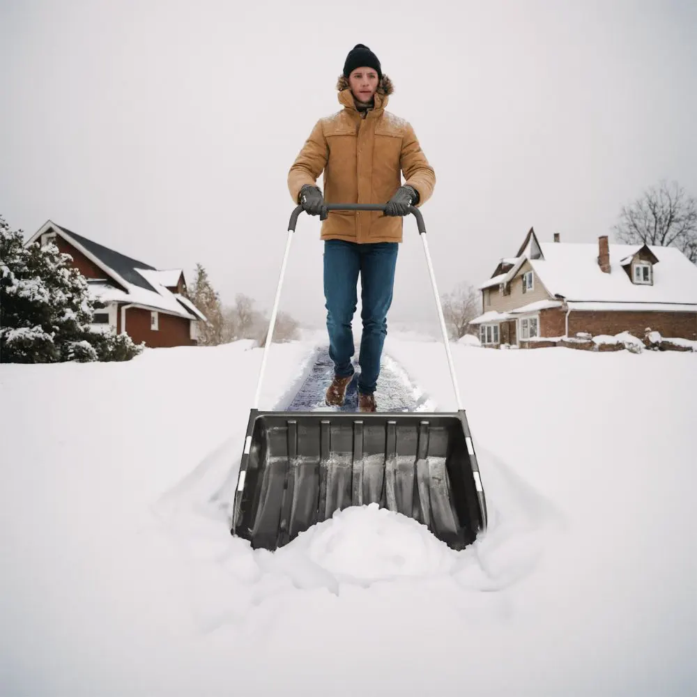 Empurrador de neve de plástico de grau ergonômico com cabo de aço, pá de neve, raspador de neve, empurrador de telhado para limpeza eficiente