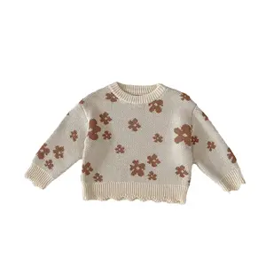 2023 осенняя одежда для малышей, От 0 до 3 лет для девочек, Детский свитер с цветочным принтом, жаккардовый пуловер, свитер, универсальный топ