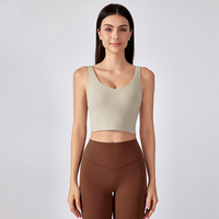 Débardeur de sport pour femme, très élastique, respirant, simple, col en V, avec logo frontal, sans couture, dos push-up, pour yoga, pilates, fitness et gym