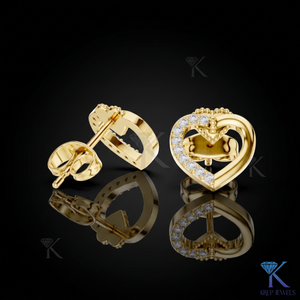 Boucles d'oreilles clous cœur ouvert en diamant de laboratoire, détail demi-pavé et milgrain, or massif 14K/18K, bijoux pour femme, cadeau de mariage romantique - Product Image 1