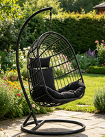 Fauteuil suspendu en rotin noir pour extérieur avec support, chaise balançoire de patio avec coussin pour jardin et balcon