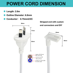 Australia Standard 2 Pin AC Mains <b>Power</b> <b>Cable</b>, Right Angle IEC C7 Figure 8 Lead, OEM White <b>Power</b> Supply Cord - Product Image 2