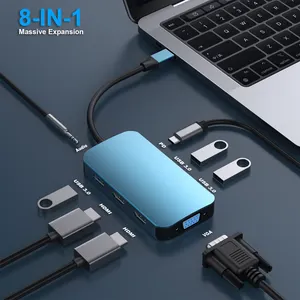 사용자 정의 USB C MST 허브 8 in1 with 2 * HDMI/1 * VGA, 3 * USB 3.0/100W 전원 공급 장치/3.5mm Aux 오디오, iPhone 15 와 호환 가능
