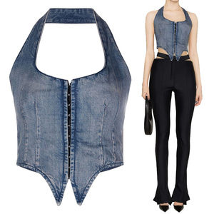 Gilet à encolure dos nu bleu délavé personnalisé pour femmes, col rond, fermeture éclair sur le devant, ourlet asymétrique, gilet en jean corset - Product Image 1
