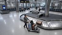 Système de sécurité intelligent avec navigation IA, fonctions publicitaires, chariot à bagages intérieur affichant des animations de texte et des graphiques LCD