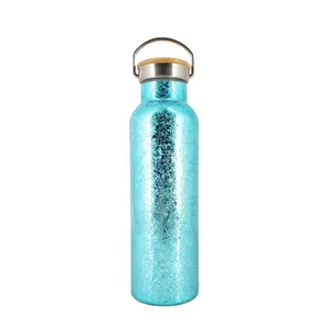 Glitter toz kaplı renkli çift duvar vakum yalıtımlı seyahat paslanmaz çelik spor su saplı şişe