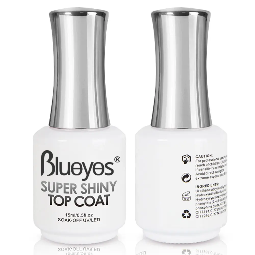 Blueyes OEM กําหนดเอง 15ml เพชรเงาสุปเปอร์เคลือบด้านบนเจลยาทาเล็บเคลือบด้านบนยูวีเล็บเจลโปแลนด์ที่มีมาตรฐานสหภาพยุโรป