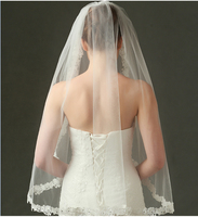 Voile de mariée court à une couche avec bordure perlée, élégant, V1090W2-1, livraison gratuite, vente en gros