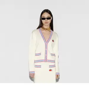 YT White Embroidered Fine Knit Cardigan Women's Knitted Button Cardigan Set