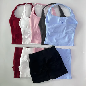 Completo Sportivo da <span class=keywords><strong>Donna</strong></span> 2 Pezzi Taglie Forti: Top Halter Senza Schienale e Shorts a Vita Alta Senza Cuciture ad Alta Elasticità per Palestra - Product Image 3