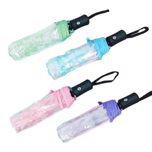 Vente en gros de parapluie de voyage transparent à 3 plis avec impression Sakura Cherry à ouverture automatique Parapluie POE transparent avec logo personnalisé