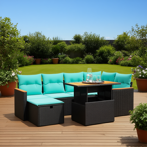 Set di divani da patio in polyrattan nero con cuscini, eleganti mobili da esterno, 7 pezzi - Product Image 2