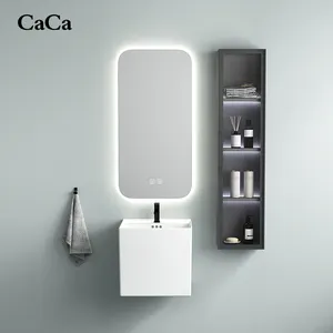 CaCa 2024 New Arrival Square European Bathroom Sink Porcelain Half Pedestal Basin With Smart Mirror And Wall Mounted Cabinet