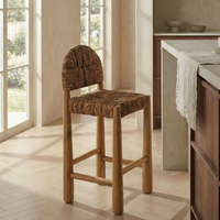 Tabouret de bar en bois massif avec dossier en jonc de mer tressé, style rétro, tabouret de comptoir haut pour bar à domicile et café
