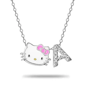 ขายร้อนสีเคลือบสัตว์ Hello Kitty 925เงินสเตอร์ลิงเสน่ห์เล็กๆน้อยๆสร้อยคอเริ่มต้นสำหรับเด็กผู้หญิง