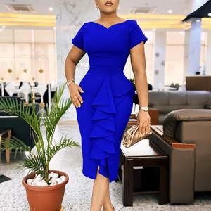 Nouvelle robe africaine pour femmes à manches courtes, couleur unie, moulante, à volants, taille haute, tendance - Product Image 3