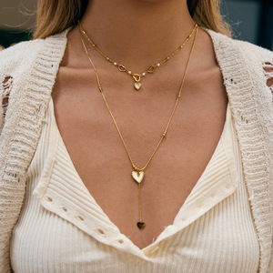 Heart Shaped Double Layer Necklace With Zircon Pendant Stainless Steel Sweater Chain For Women Gift Jewelry Design - Product Image 2