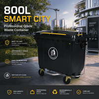 Conteneur à déchets extérieur 800L en plastique HDPE, type induction, haute visibilité, écologique, sécurisé pour les enfants, avec roue de frein et bouchon de vidange