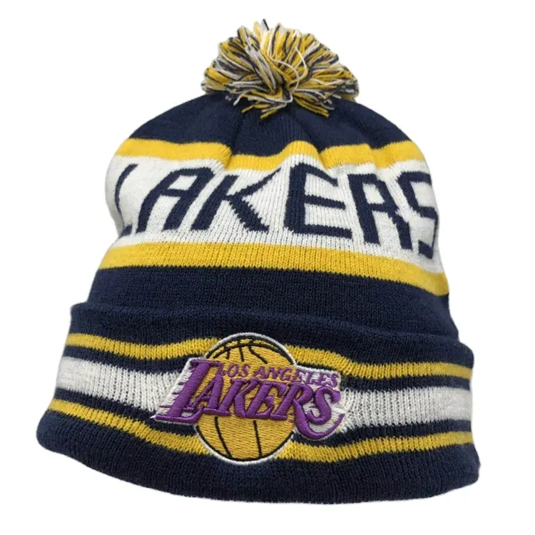 Fashion customized high quality jacquard beanie winter hat 3D embroidery Laker toques knitted Beanie hat