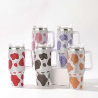 BORGE 40oz Bling Rhinestone Vaca Imprimir Termo de doble pared Vaso frío caliente Acero inoxidable con mango