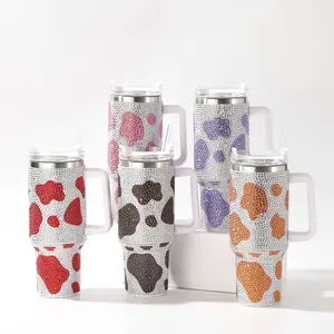 BORGE 40oz Bling Rhinestone Cow Print Double Wall Thermos Hot Cold Tumbler Stainless Steel With Handle