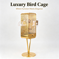 Cage à oiseaux de grande taille robuste avec support, panneau décoratif en feuille découpée au laser doré, façade en acrylique transparente, de qualité supérieure pour l'intérieur