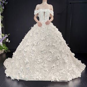 חם מכירה אירופאי בית משפט בסגנון אירופאי שמלת כלה 3 פרחים מכונית תחרה-קו שמלת כלה יוקרה כדור כלה - Product Image 2