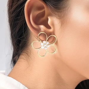 Boucles d'oreilles pour femmes en acier inoxydable 304 plaqué or 18 carats de haute qualité, électroplaqué sous vide, perle artificielle, fleur creuse, polie - Product Image 2