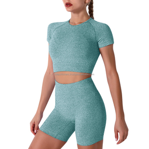 Ensemble soutien-gorge et short de yoga pour femme, en Spandex/Polyester, léger, doux, respirant, séchage rapide, coupe ajustée, dos froncé, à compression - Product Image 2