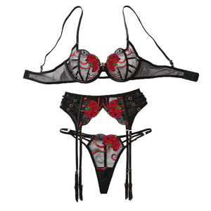 Yicheng Daring Lingeries <span class=keywords><strong>Completo</strong></span> Intimo Femminile Sexy in Pizzo Ricamato Floreale Trasparente con Reggiseno, Perizoma e <span class=keywords><strong>Reggicalze</strong></span> Sensuale - Product Image 5