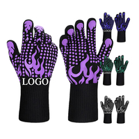 Gants de barbecue extrêmement résistants à la chaleur 1472F, motif flamme, silicone antidérapant, manchette longue en aramide pour la cuisson au barbecue