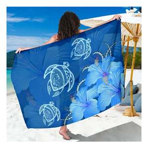 Pareos Samoa, Diseño Polinesio con Hibisco Azul Hawaiano y Tortuga, Pareos Largos <span class=keywords><strong>de</strong></span> Chifón para Mujer, Traje <span class=keywords><strong>de</strong></span> Baño, Falda Envolvente para la Playa - Product Image 1